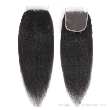 Kinky Straight 4x4 Lace Closure Brazilian Human Hair Extensions Virgin Cuticle Aligned Human Hair Yaki Straight 4X4 Lace Closure